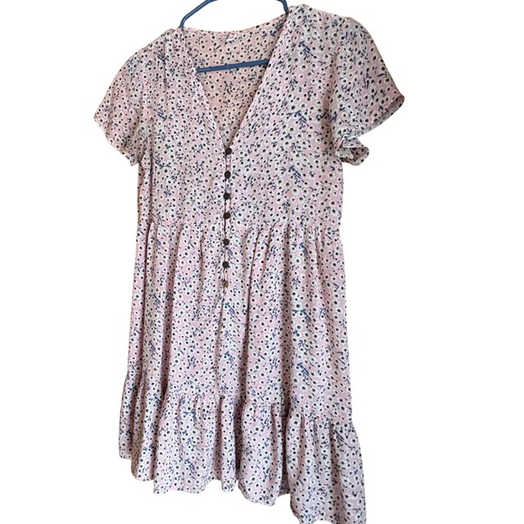 ROMWE Dresses & Skirts - Romwe Pink Floral Ruffle Button Front Short Sleeve Mini Dress Women Size S
